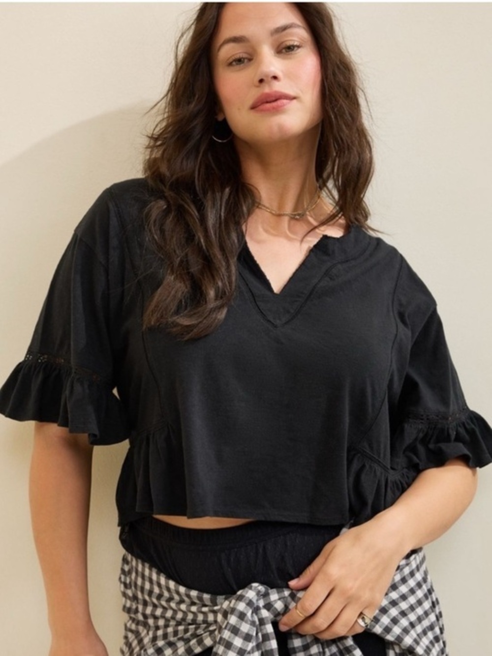 NWT Aerie Black Ruffled V-Neck Women's Top